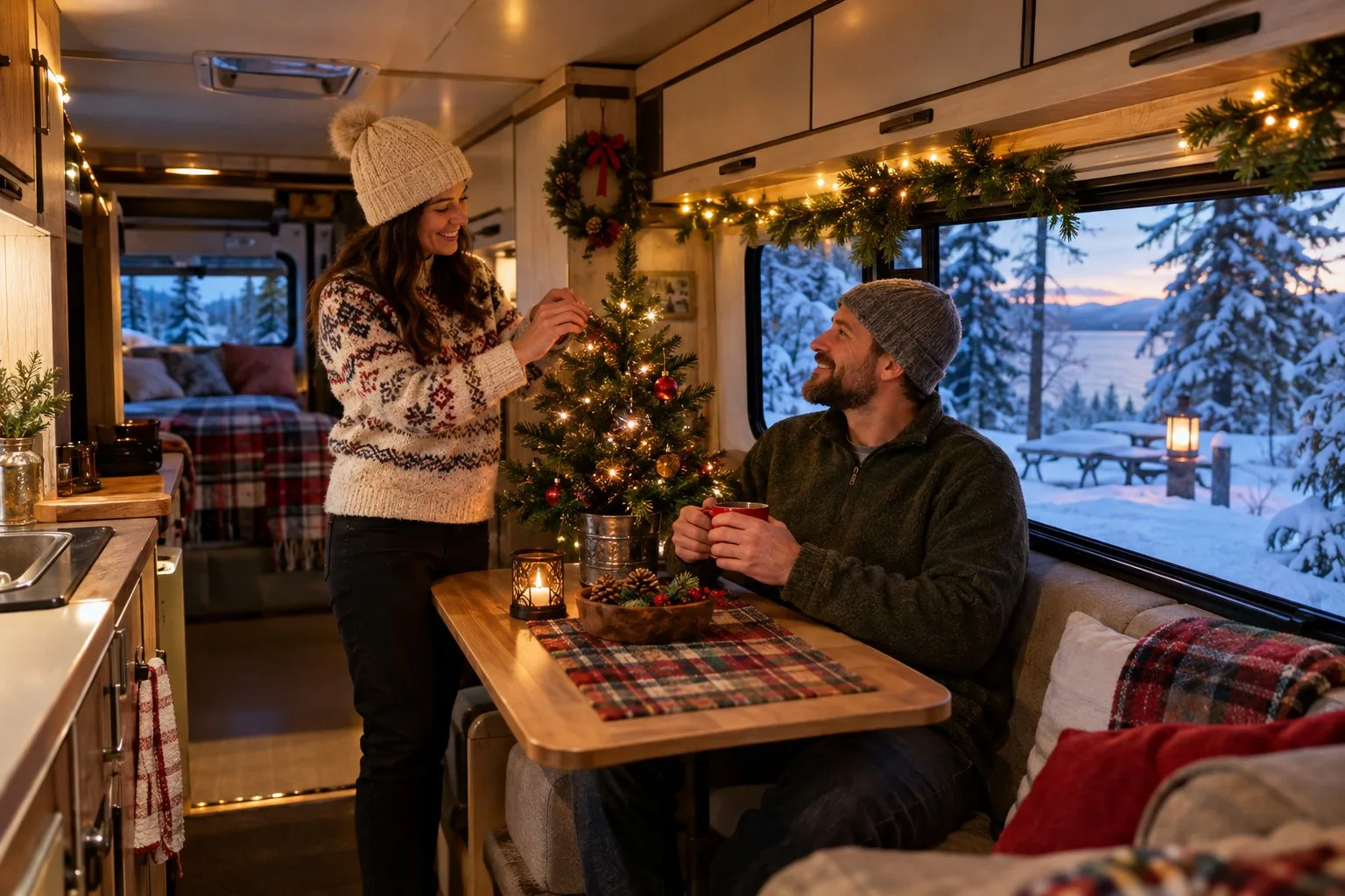 A couple decorates their cozy RV for Christmas at a snowy campsite.