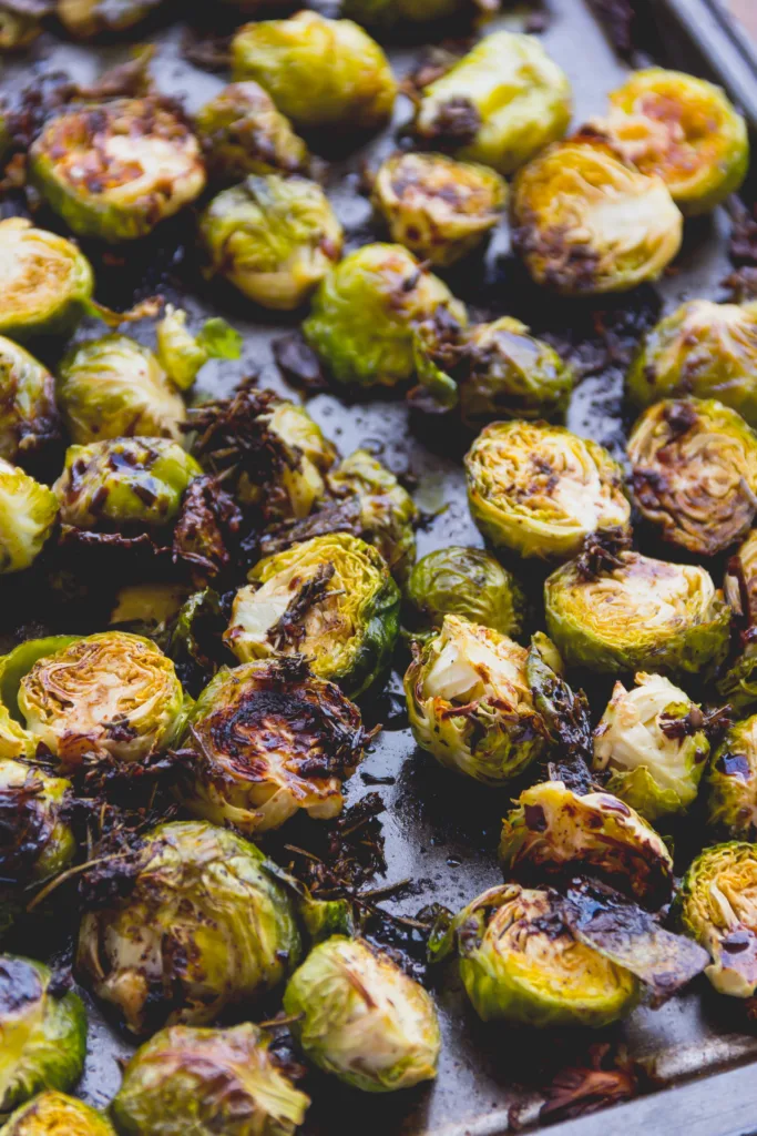 Pan of roasted brussels sprouts.