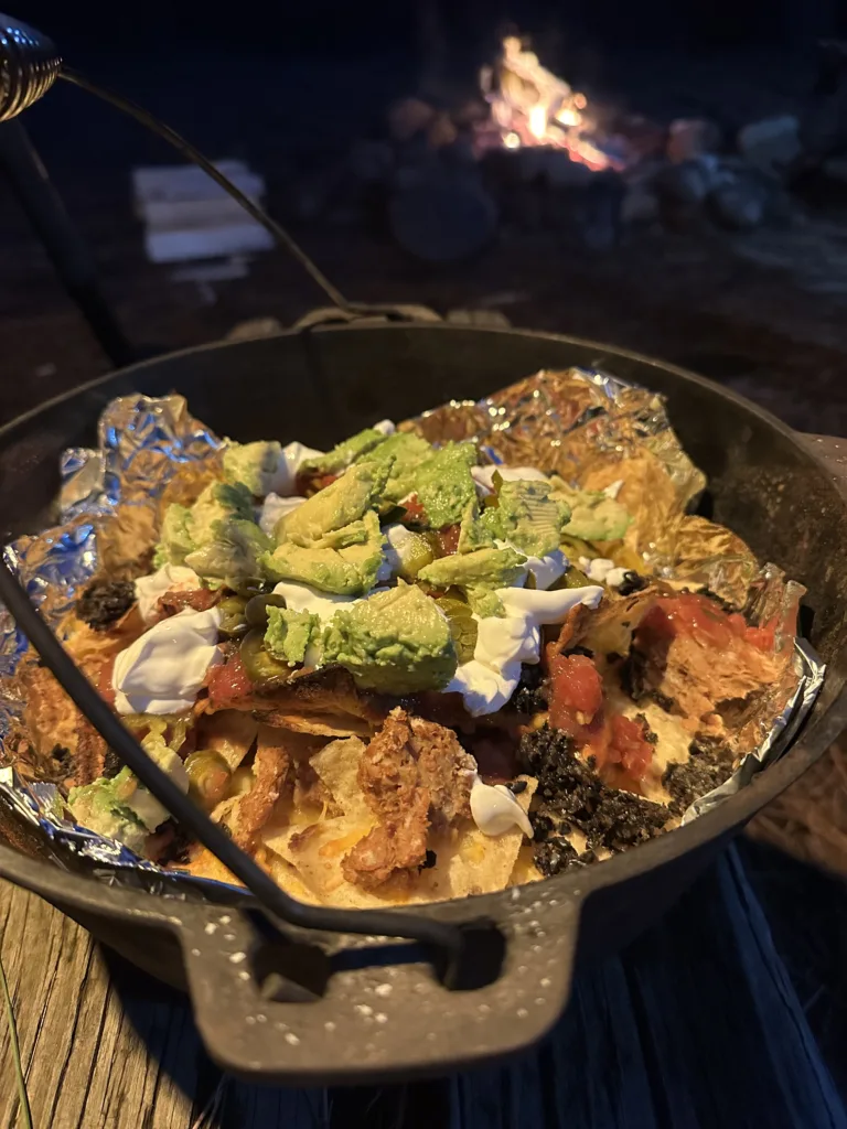 Campfire nachos in a Dutch Oven.