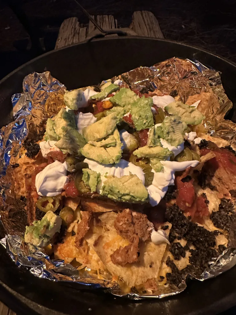 Campfire nachos in a Dutch oven.