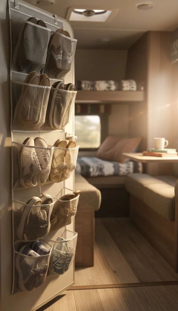 Over the door mesh shoe holder holding various pairs of shoes in a RV.