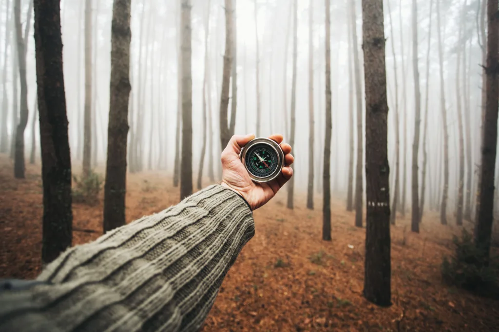 Outstretched arm holding a compass in the forest.