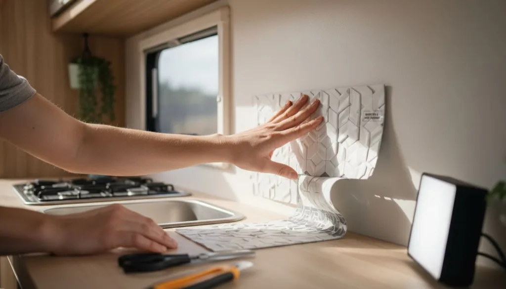 A bright camper kitchen wall mid-renovation, showing hands applying peel-and-stick tiles with a 3D textured subway or mosaic pattern. The scene highlights the clean, adhesive-backed tiles being pressed from the center outward to remove bubbles. Nearby are scissors and a utility knife on a countertop, with a clean, prepped wall visible behind the partially tiled area. The kitchen sink and stove are in view, emphasizing the moisture- and heat-resistant qualities of the tiles. The overall vibe is fresh, budget-friendly, and DIY-friendly, with natural light illuminating the compact, stylish camper kitchen space.