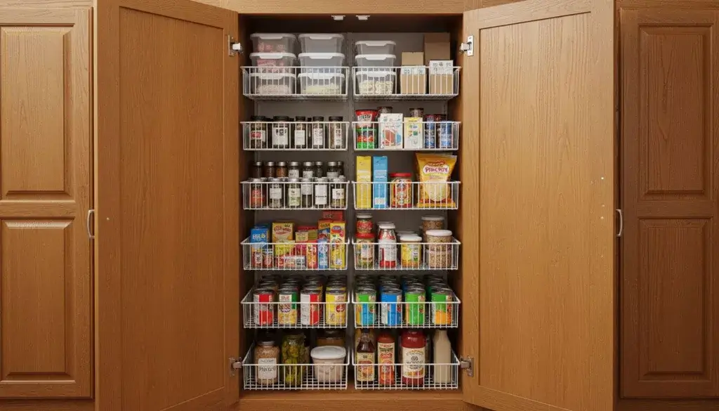 An organized RV pantry with shelves holding food containers and storage bins inside a compact RV kitchen.
