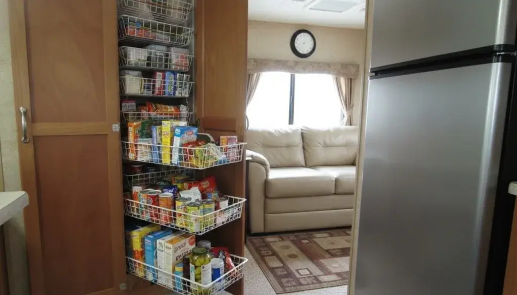 Interior of an RV kitchen showing a neatly organized pantry with shelves holding clear containers, jars, canned goods, and fresh produce.