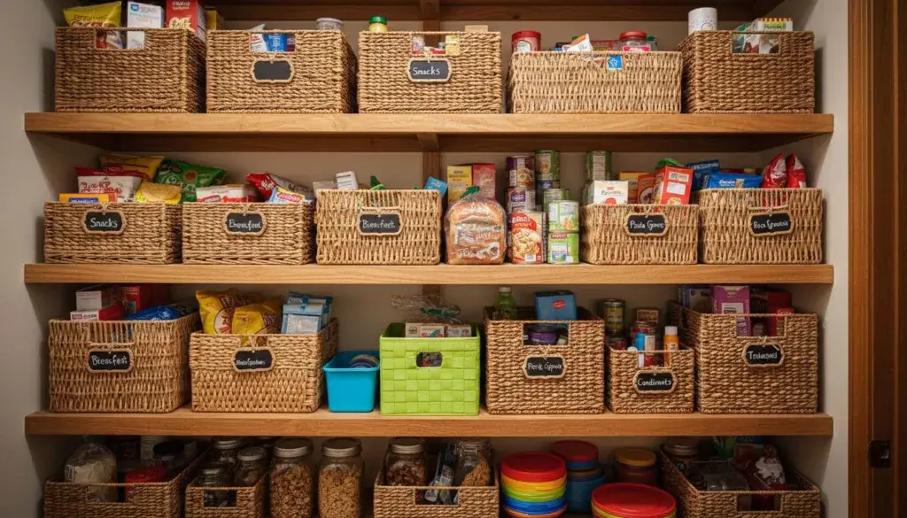 An organized RV pantry with clear containers and baskets holding dry food items on wooden shelves.