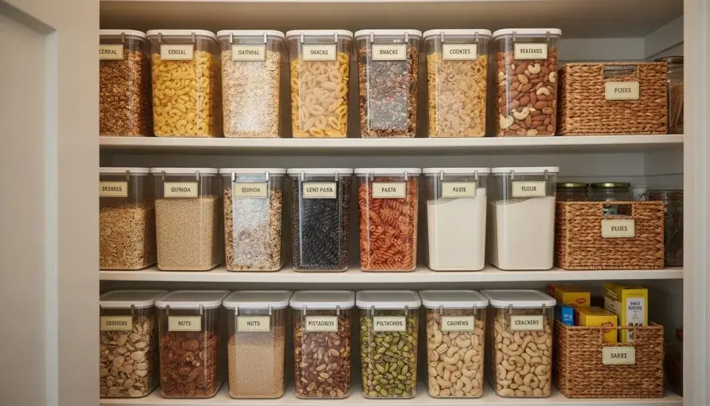An organized RV pantry with shelves holding food containers and storage bins inside a compact RV kitchen.