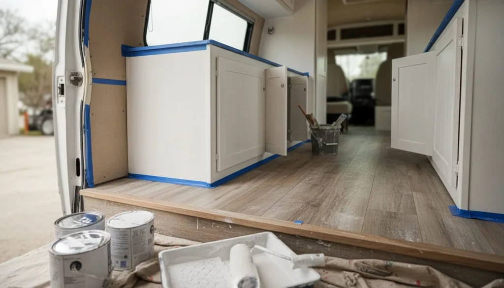 Interior of a camper van being renovated with wooden cabinets, tools, and a person sanding a panel.