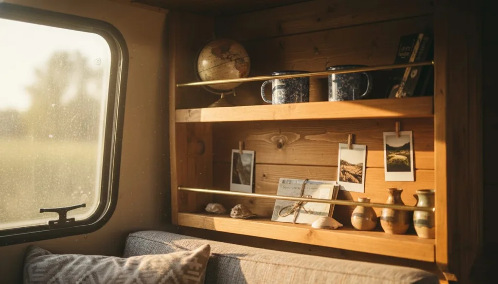 Interior of a camper with open wooden shelves displaying travel souvenirs and decorative items.