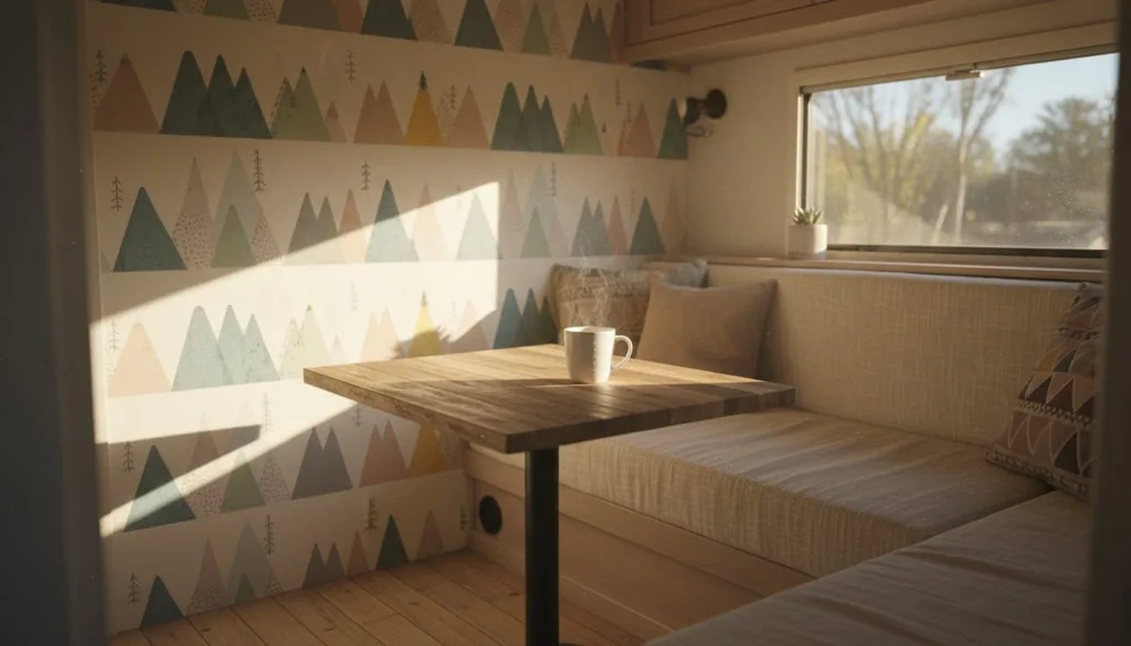 Interior of a camper with one wall covered in colorful removable wallpaper, a small table, cushioned seating, and natural light coming through a window.