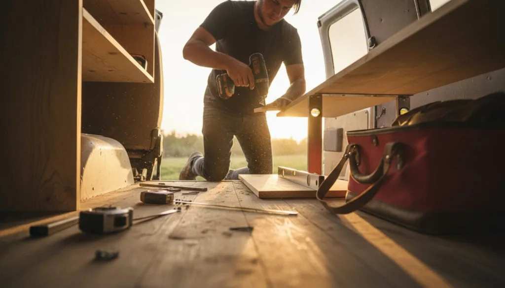 Person working inside a camper van installing shelves and organizing tools during a renovation.