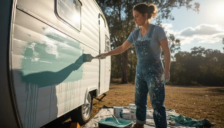 Person painting the exterior of a camper outdoors on a sunny day with painting supplies nearby.