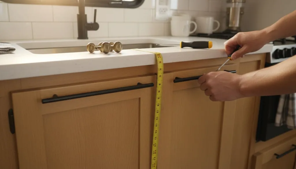 A bright camper kitchen close-up showing hands installing sleek, modern black cabinet pulls on wooden cabinet doors. Nearby, old brass knobs lie on a work surface, highlighting the before-and-after contrast. A measuring tape and screwdriver rest on the countertop, emphasizing the simple DIY process. The updated hardware gives the camper a fresh, modern vibe, with natural light streaming in to showcase the warm wood tones and clean lines. The scene conveys an easy, budget-friendly upgrade that transforms the space quickly and effortlessly.