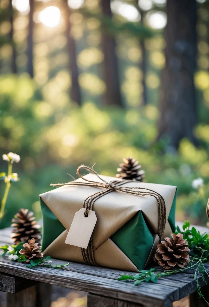 A wrapped wedding gift on a wooden table surrounded by pine cones and green foliage with a forest background.