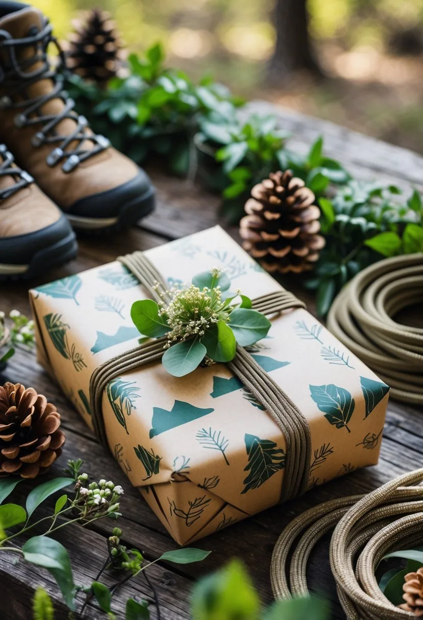 A wrapped wedding gift on a wooden table surrounded by pine cones, green leaves, wildflowers, hiking boots, and climbing rope in a forest setting.