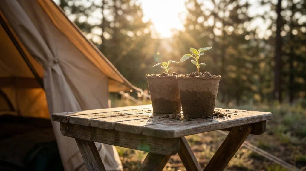 A small camping table outdoors with compact gardening tools, potted plants, and seedlings near a tent at a campsite.