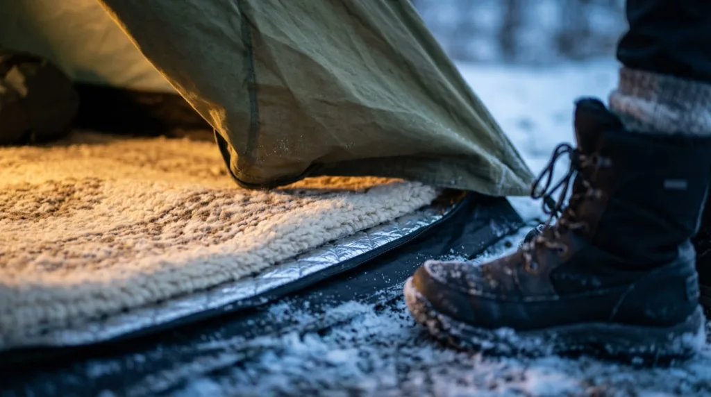 Close up of the tent entrance with a soft, fuzzy rug inside and a person wearing boots entering.
