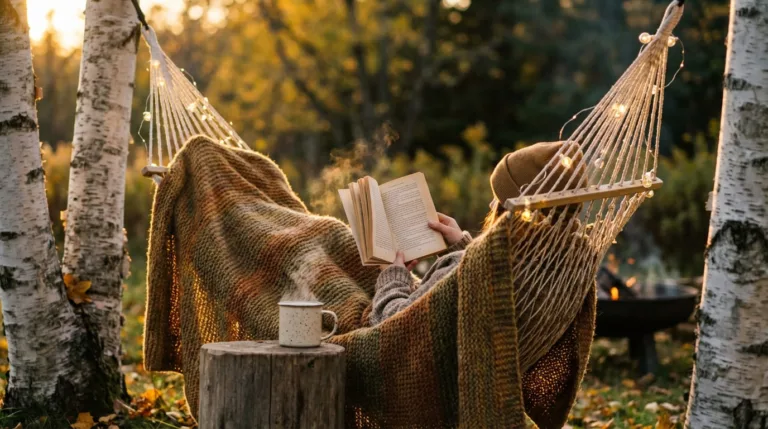 A woman wrapped in a blanket, lying in a hammock, reading a book.