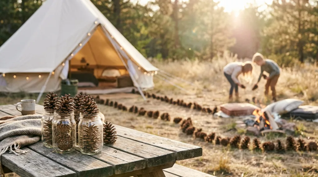 Pinecones in mason jars sitting on a picnic table with a glamping tent in the background.