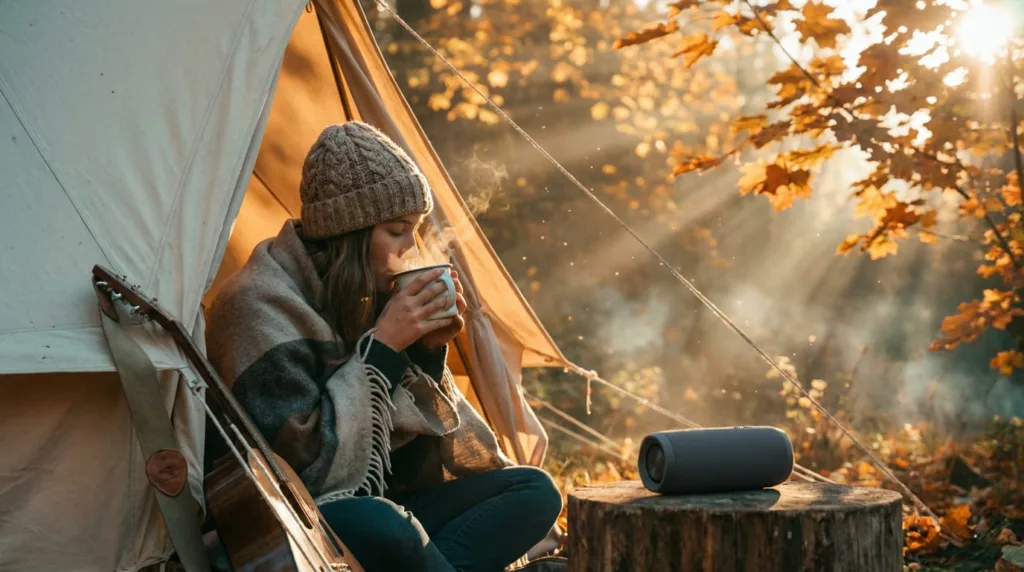 Woman sitting outside of a glamping tent drinking coffee and listening to music on a small portable speaker.