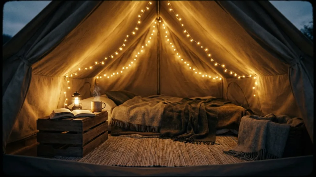 Glamping tent interior with string lights, a crate table, and a natural fiber rug.