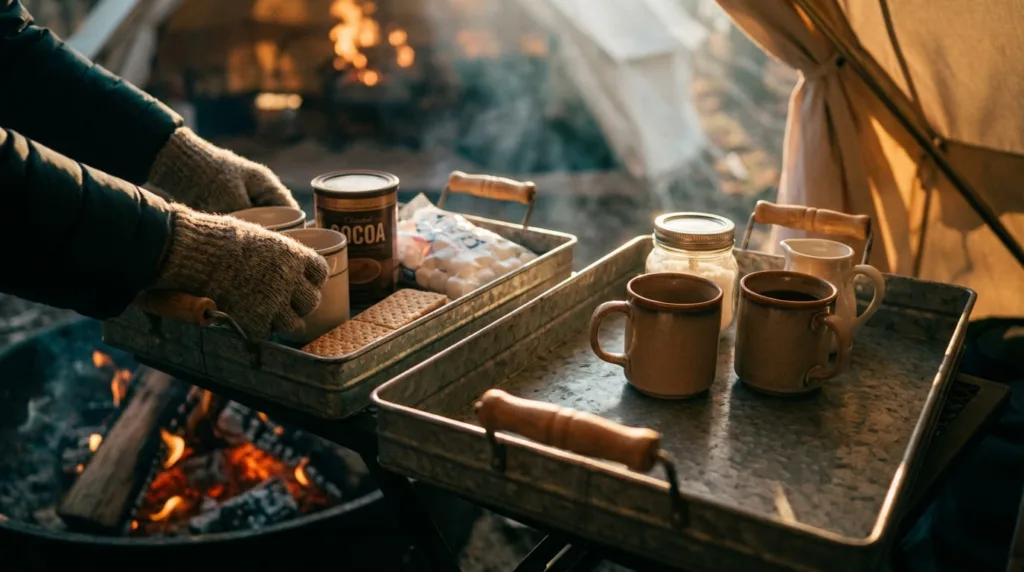 Galvanized tray with coffee mugs and s'mores ingredients in front of a campfire.