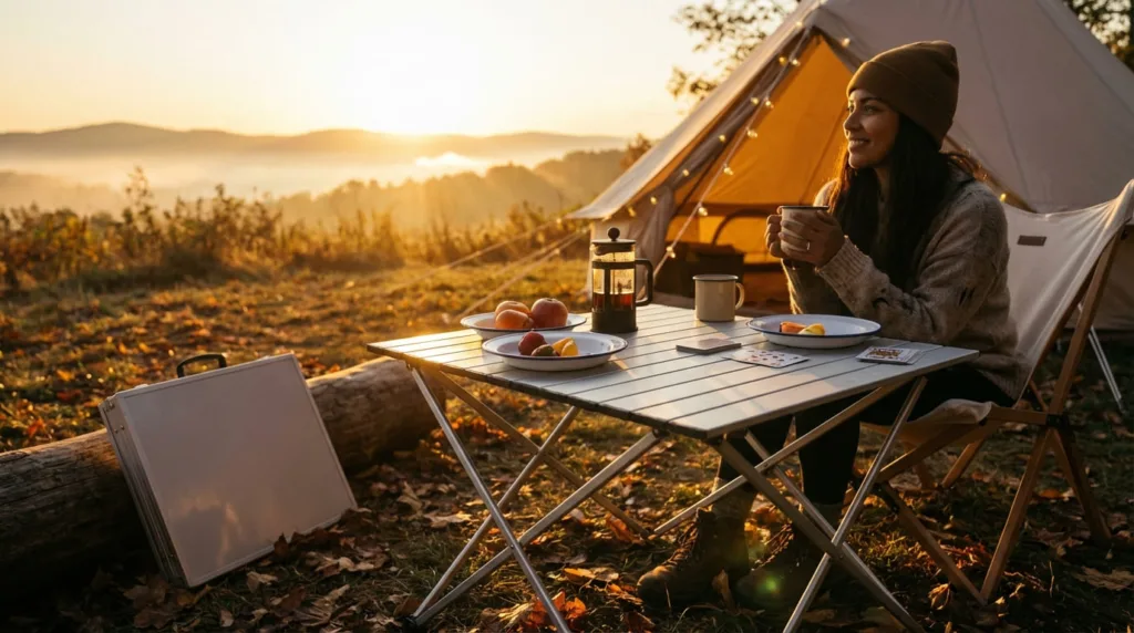 Woman sitting at a portable camping table drinking coffee with a glamping tent in the background.