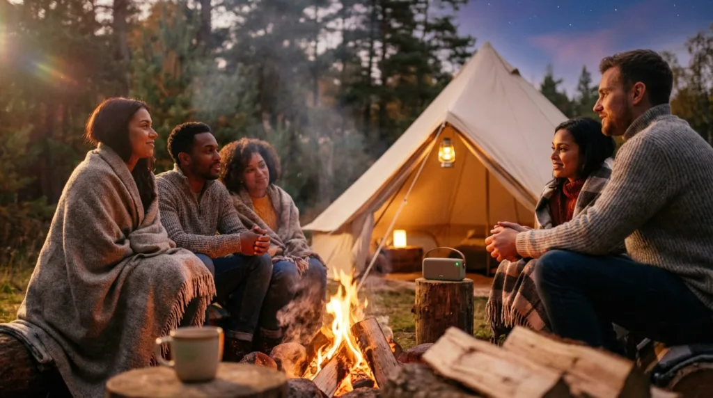 Group of friends sitting around a campfire with a glamping tent in the background listening to an audiobook from a small speaker.