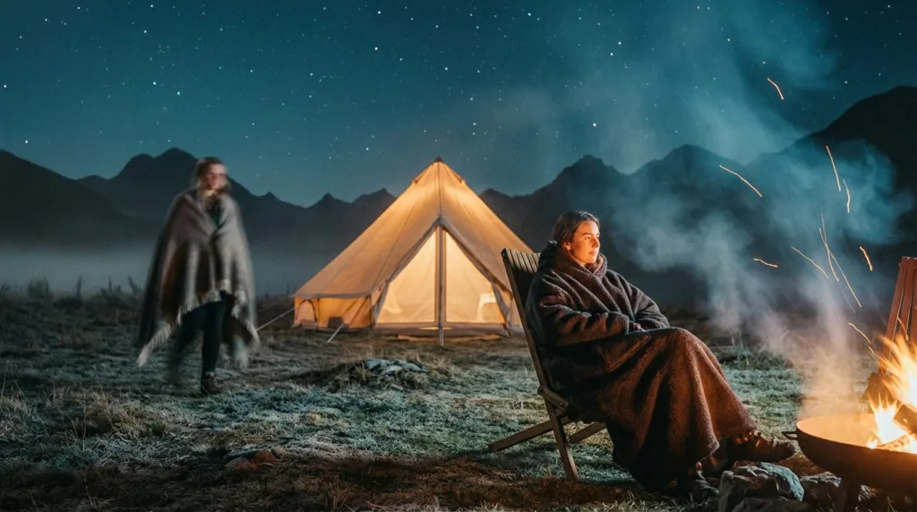 Woman wrapped in a wool blanket sitting next to a campfire with a glamping tent in the background.