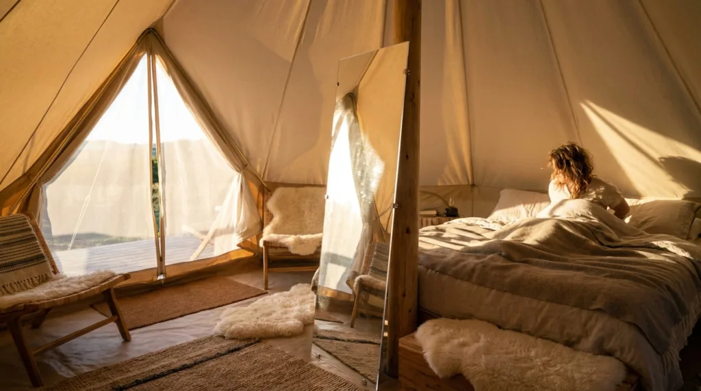 A woman lying in bed in a glamping tent with a mirror in the middle reflecting light into the tent.