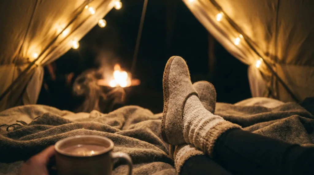 Person in a glamping tent with a cup of hot cocoa wearing soft fuzzy socks and slippers.