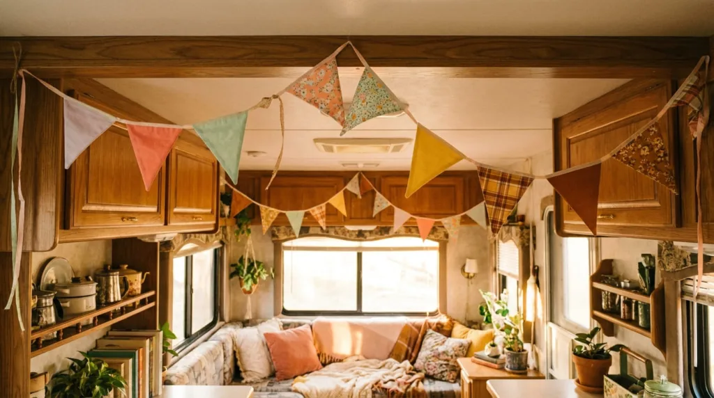 Cheerful and whimsical RV interior featuring fabric bunting displayed in multiple creative ways.