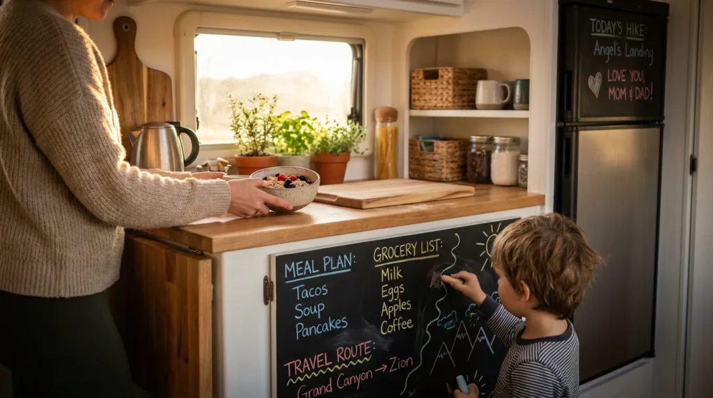 Functional and creative RV interior featuring a chalkboard panel serving multiple purposes in the camper. 