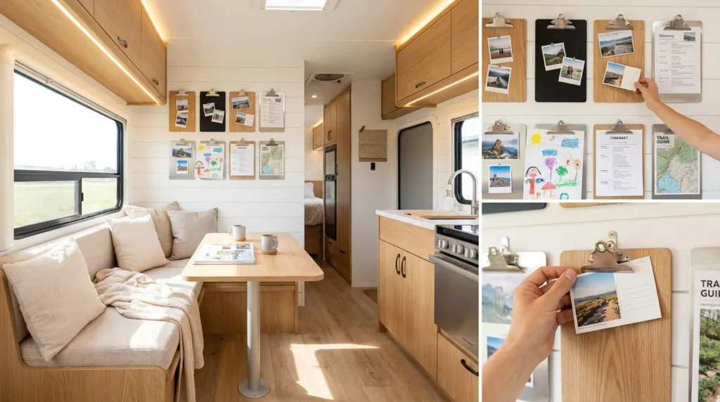 Practical and stylish RV interior wall featuring multiple clipboards arranged as functional wall decor.