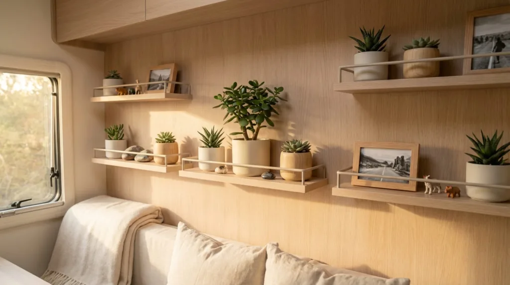 Organized and inviting RV interior wall featuring multiple floating shelves displaying a curated collection of items. 