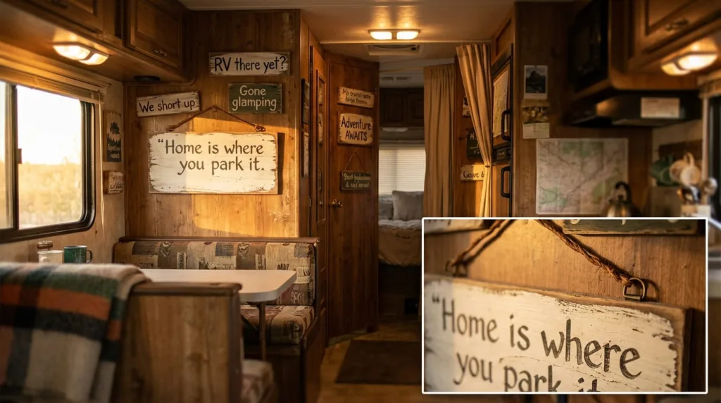 Warm and humorous RV interior wall featuring multiple wooden signs with camping quotes and funny sayings displayed in various locations.