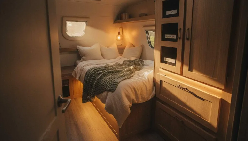 A cozy RV bedroom with a comfortable bed, soft blankets, warm lighting, and storage space for personal items