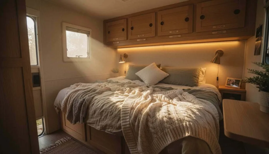 A cozy RV bedroom with a comfortable bed, soft blankets, warm lighting, and storage space for personal items