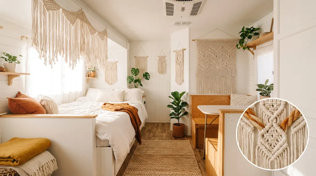 Cozy RV interior featuring beautiful macrame wall hangings as focal points. Show multiple macrame pieces displayed in different locations: above a bed, near a dinette, and on other wall spaces.