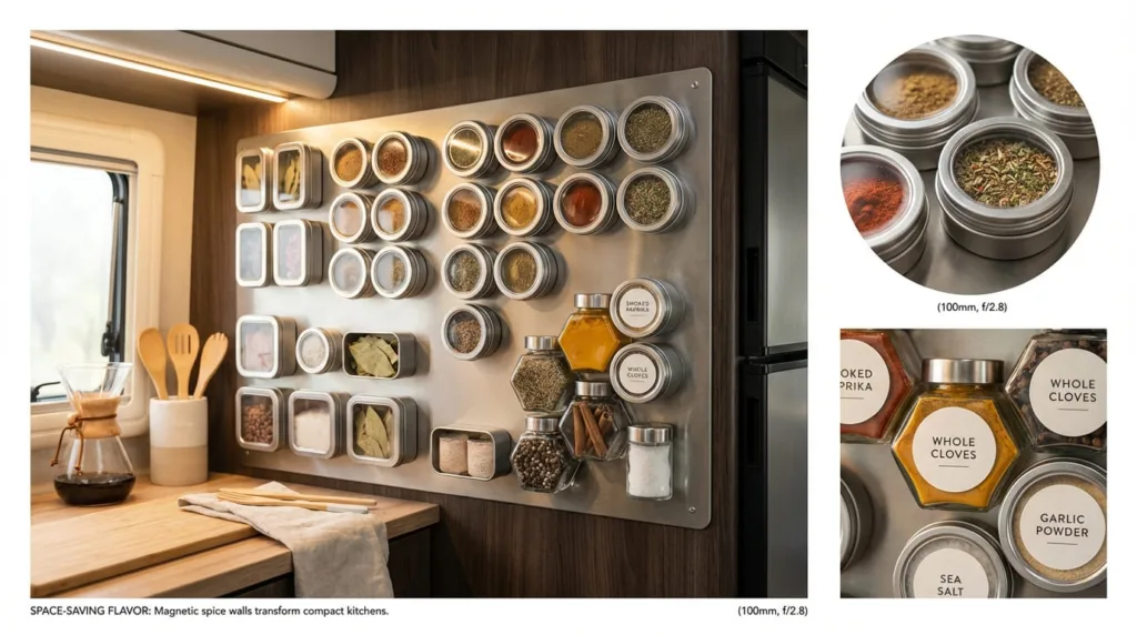 RV kitchen wall featuring an organized and visually appealing magnetic spice storage system. 