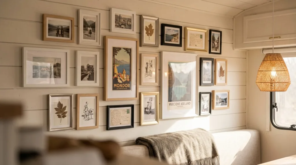 Charming RV interior wall featuring a curated gallery wall with intentionally mismatched frames in various styles, colors, and sizes. 