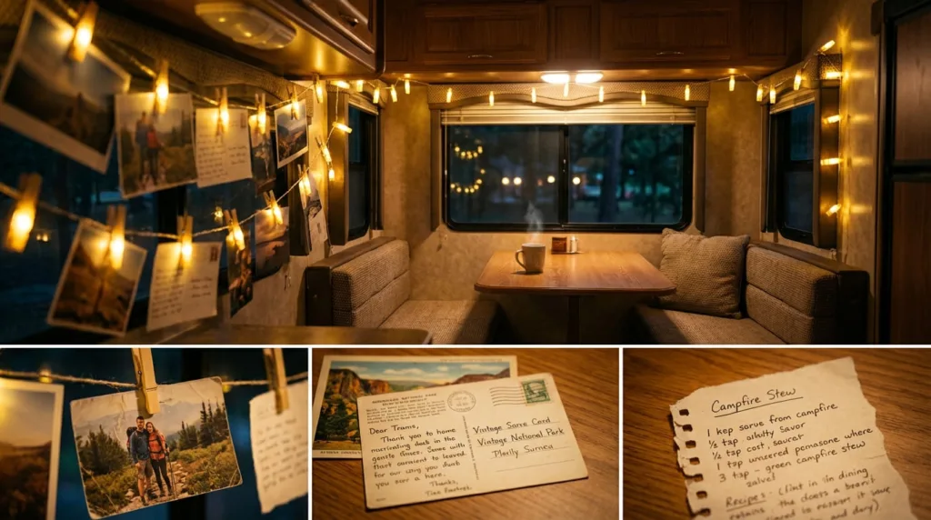 Warm and inviting RV interior showcasing mini clothespin string lights creating a personal photo gallery on the walls. 