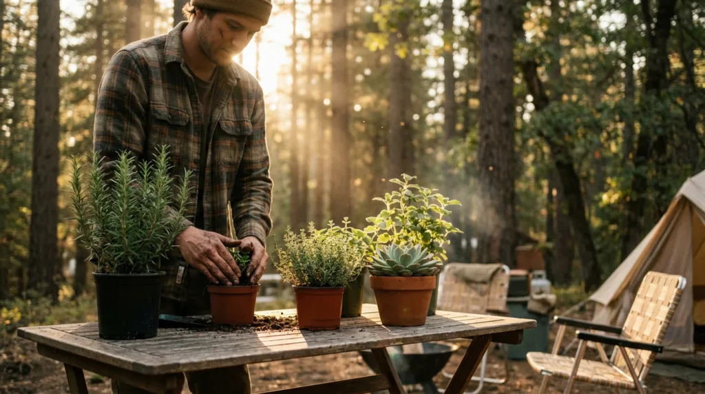 A person tending to a small portable garden with potted plants on a foldable table at a campsite surrounded by trees and camping equipment.