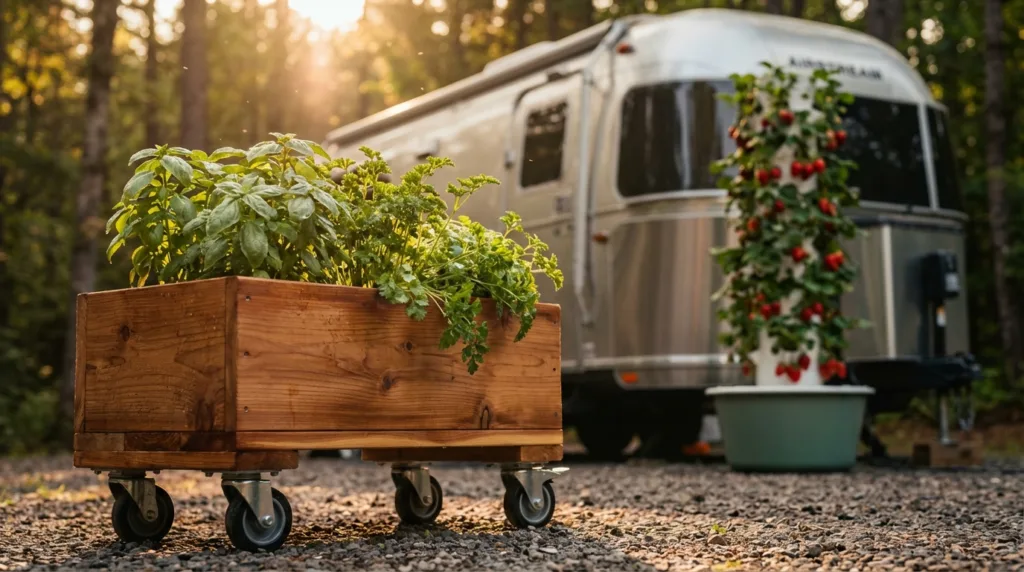 Wooden box on wheels used as a planter with a Airstream trailer in the background.