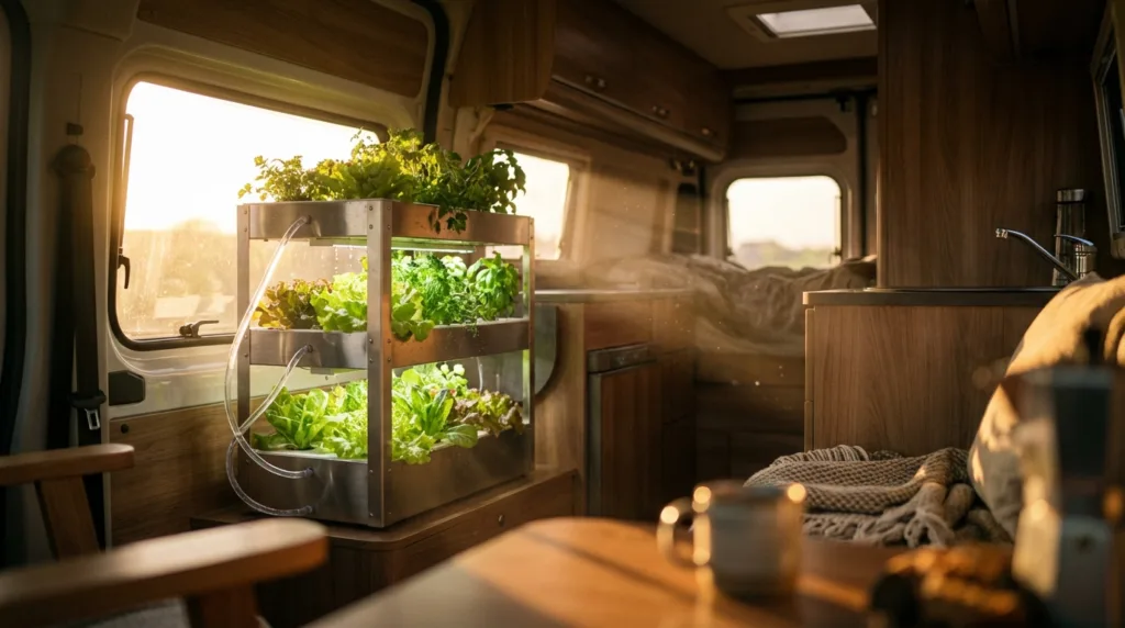 Portable hydroponic garden setup inside a camper van.