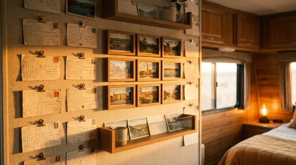Charming RV interior wall featuring a creative postcard collage arrangement. Display a mix of vintage and modern postcards from various destinations arranged in both a structured grid pattern and scattered casual layout.
