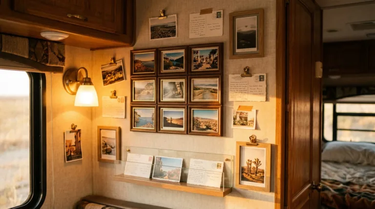 RV wall decorated with vintage post cards.