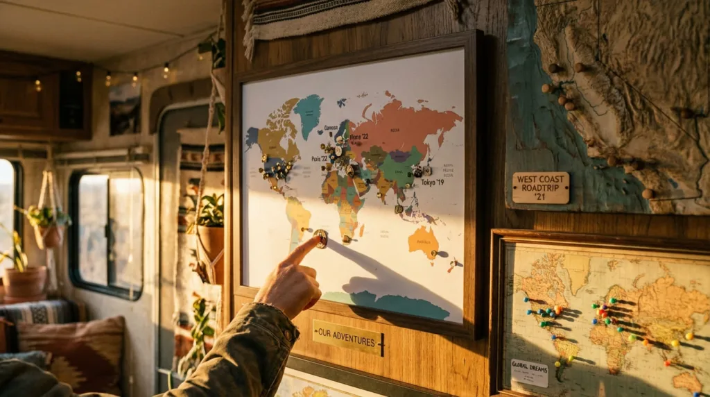 Beautiful RV interior wall displaying a framed push pin travel map as a focal point. The map should show various personalized pins marking different campgrounds and scenic destinations across multiple regions.
