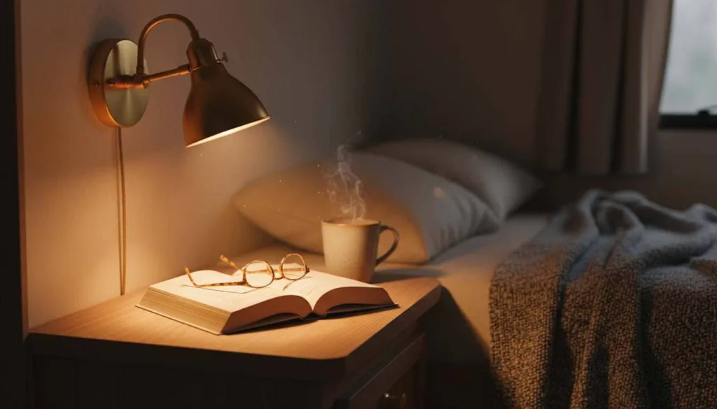 Rv bedroom with a lamp over the side table, book and coffee.
