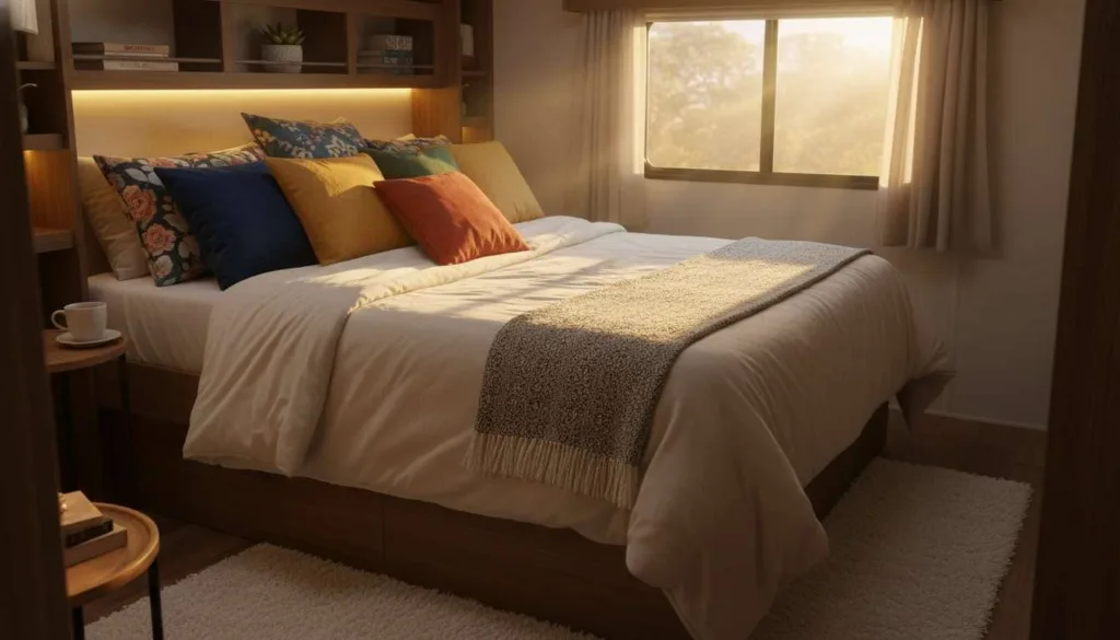 A cozy bedroom with a neatly made bed adorned with decorative throw pillows in various colors and patterns. Sunlight streaming in through the window adds a warm glow to the room